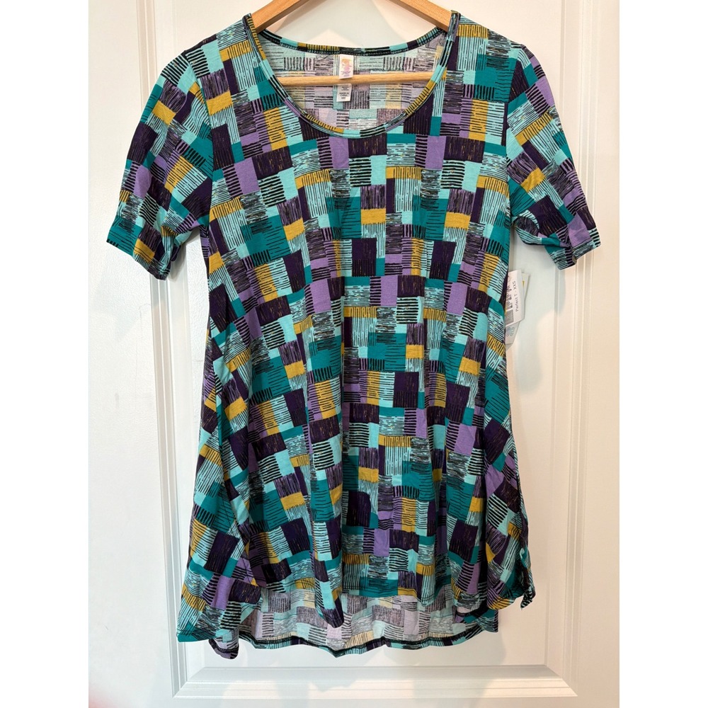 LuLaRoe Perfect T Geometric Block Print Tunic Top Teal Purple XXS NWT